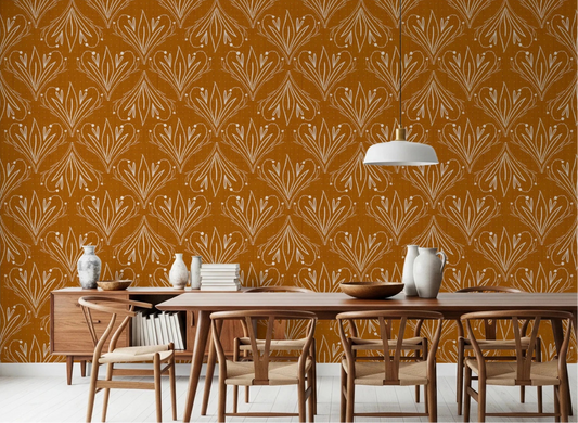 Dining room styled with mustard gold folk floral wallpaper and wooden furniture