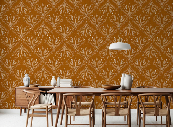 Dining room styled with mustard gold folk floral wallpaper and wooden furniture, GD8315