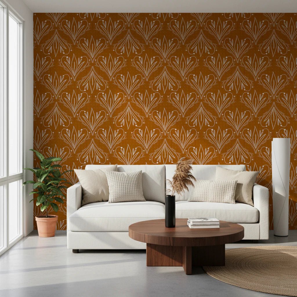 Hand drawn Boho Art Nouveau Folk Floral Mustard Gold Wallpaper in repeat style