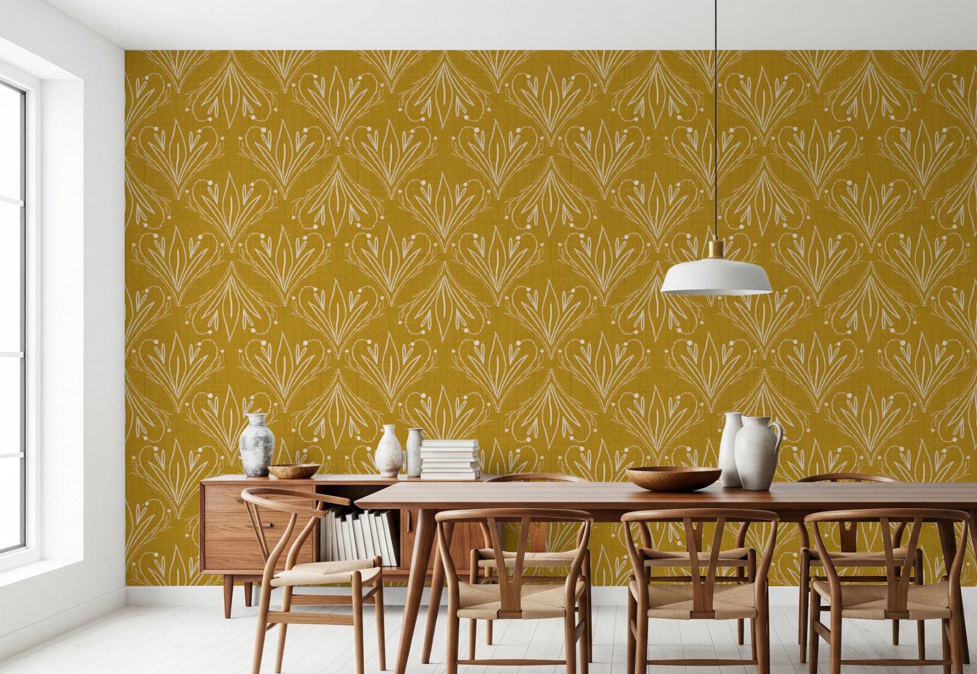 Hand drawn Boho Art Nouveau mustard gold floral wallpaper in repeating layout
