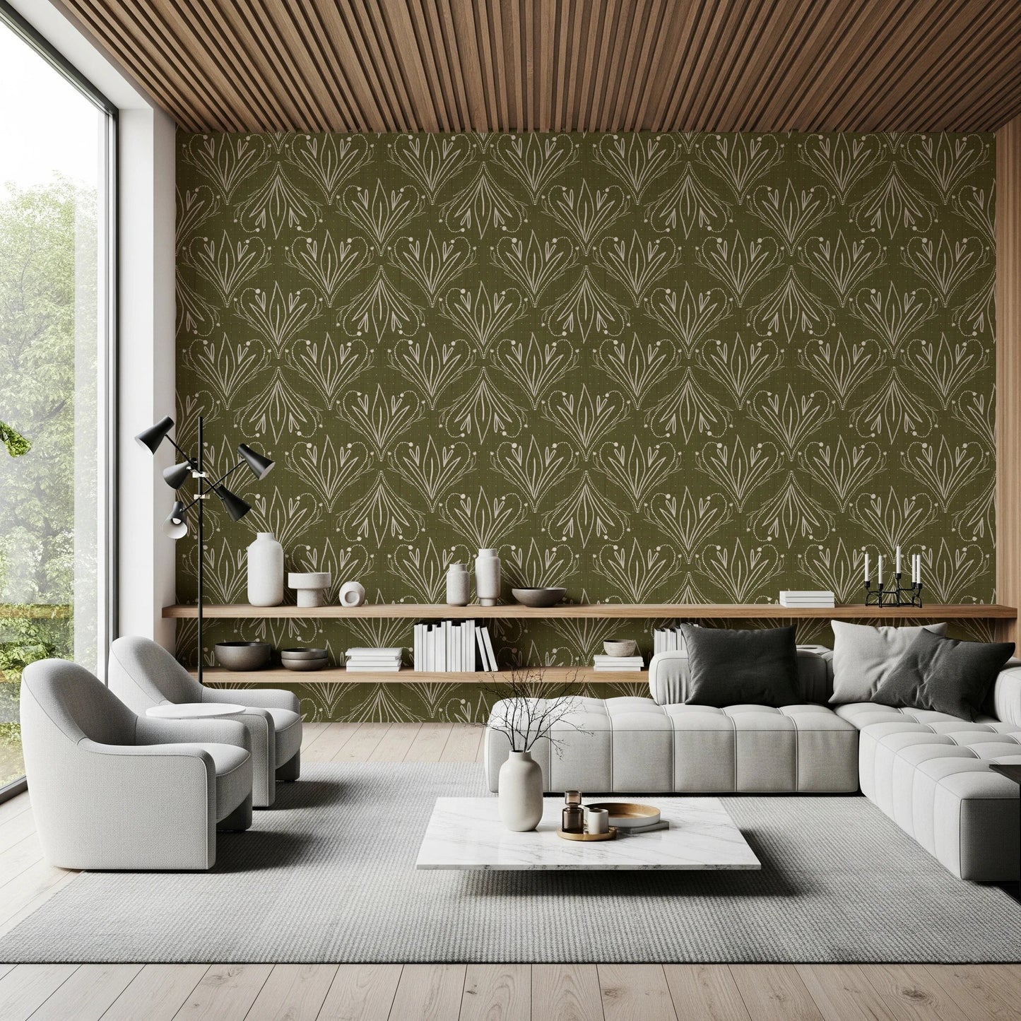 Minimal lounge space with olive green floral wallpaper and wooden ceiling detail, GD8317