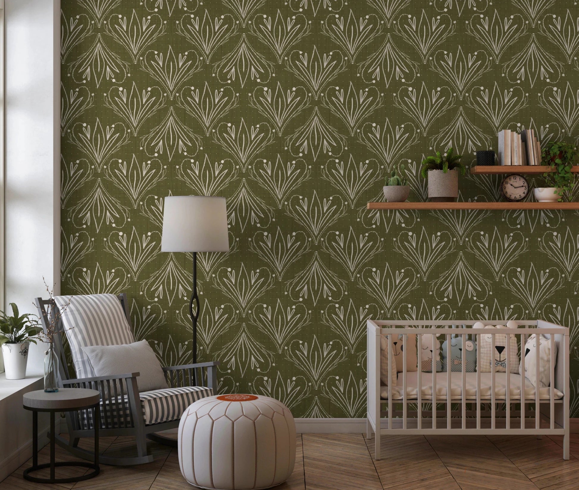 Nursery interior with olive green botanical pattern wallpaper and soft decor accents, GD8317