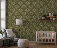 Nursery interior with olive green botanical pattern wallpaper and soft decor accents, GD8317