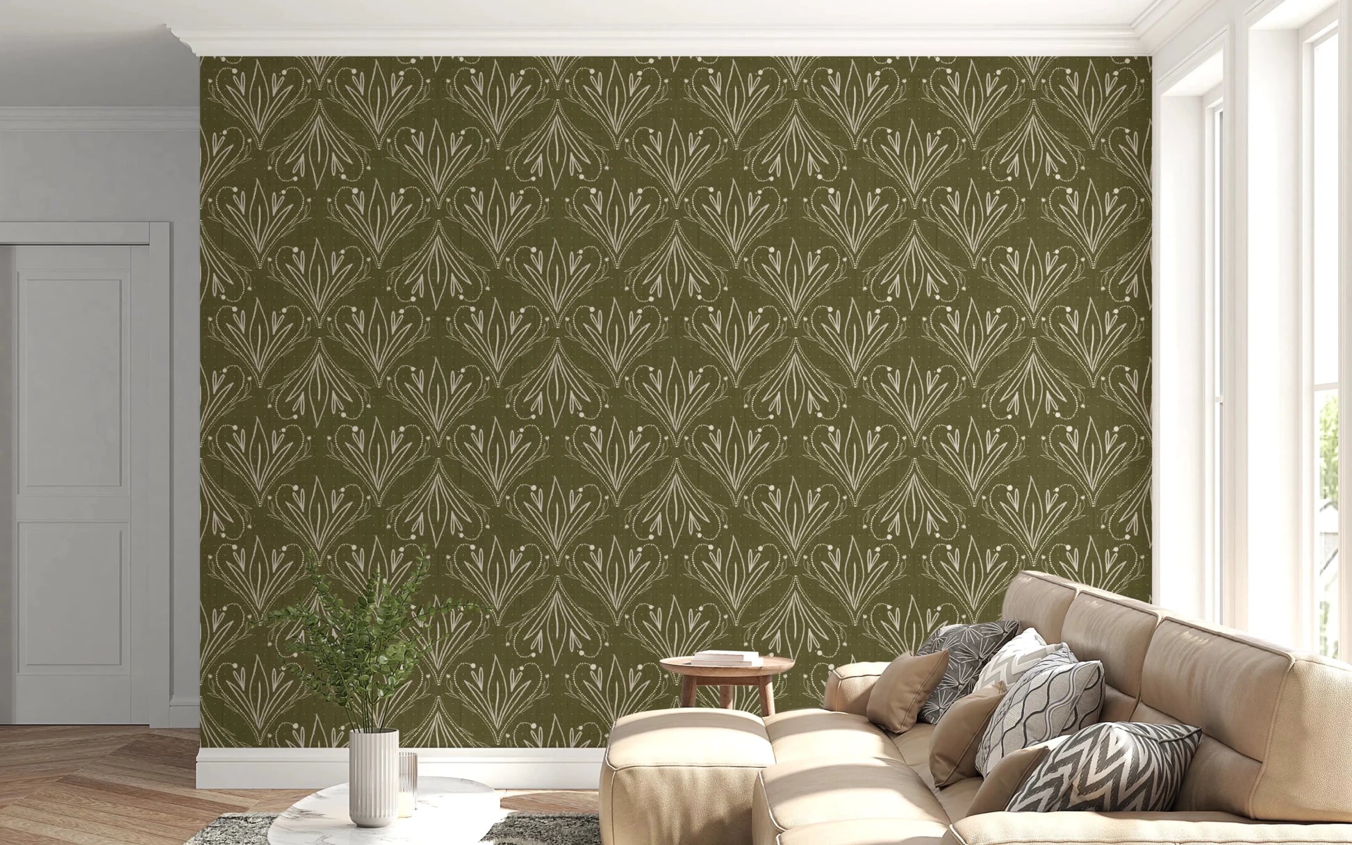 Bright Living corner styled with olive green floral wallpaper and minimal furniture, GD8317