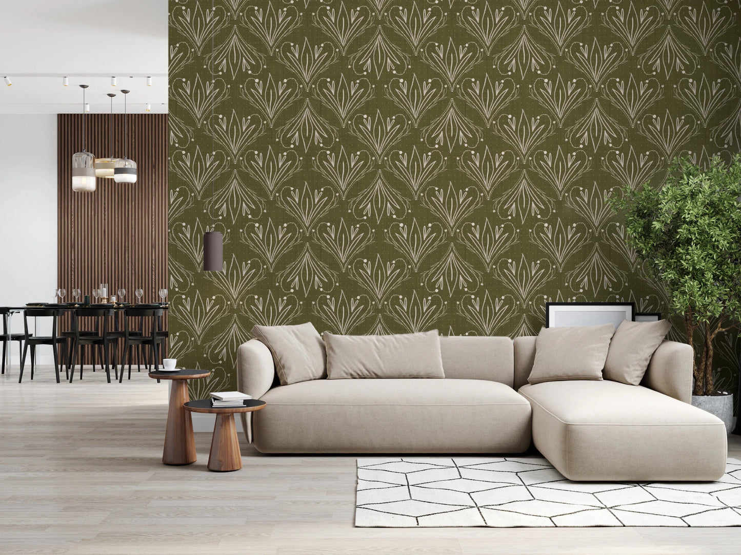 Spacious living room featuring olive green patterned wallpaper and clean layout, GD8317