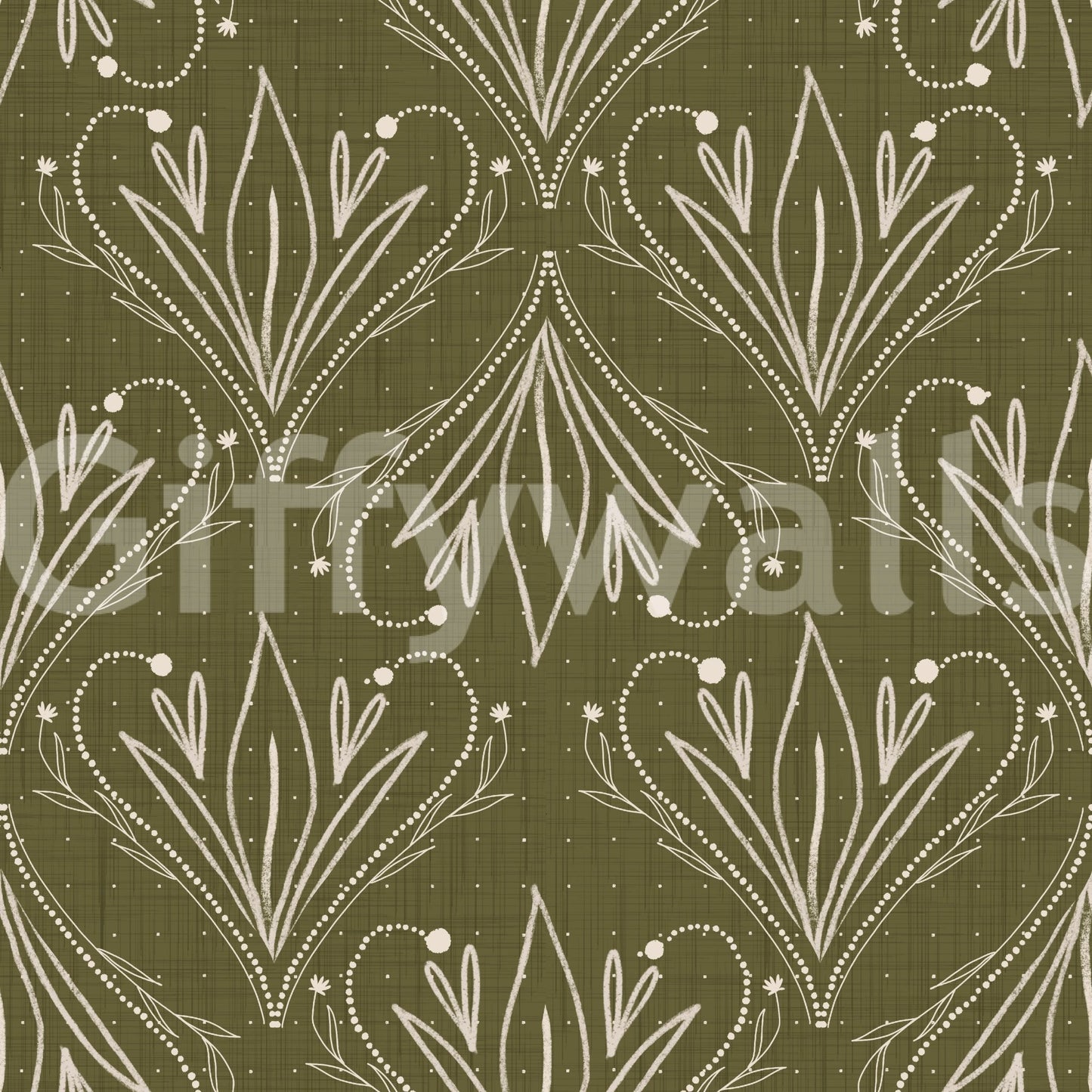 Repeating folk floral pattern in Boho Art Nouveau Olive Green Wallpaper design, GD8317
