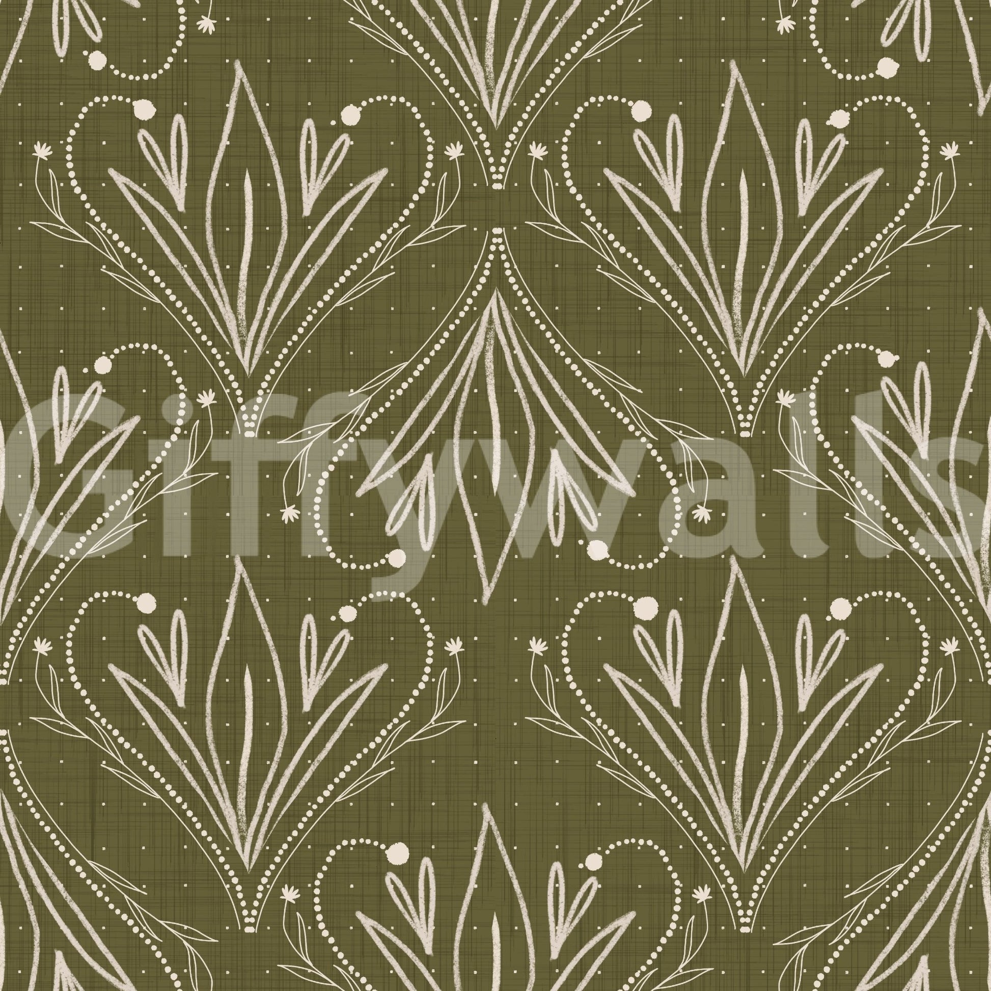 Repeating folk floral pattern in Boho Art Nouveau Olive Green Wallpaper design, GD8317