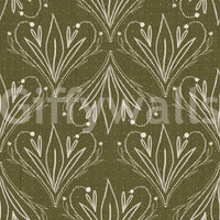 Repeating folk floral pattern in Boho Art Nouveau Olive Green Wallpaper design, GD8317
