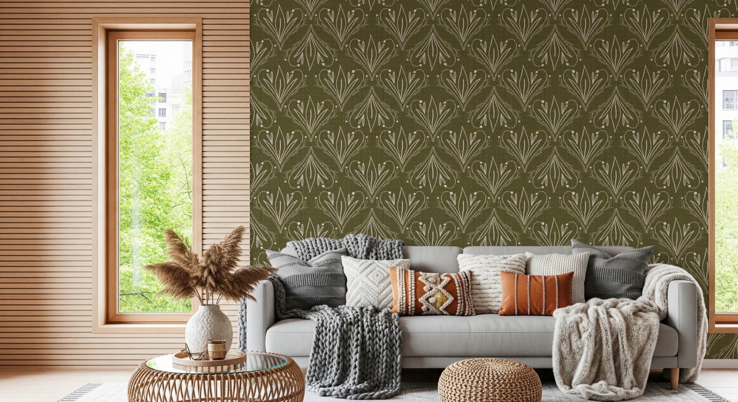 Cozy living area enhanced by olive green folk floral wallpaper and warm textures, GD8317