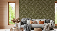 Cozy living area enhanced by olive green folk floral wallpaper and warm textures, GD8317