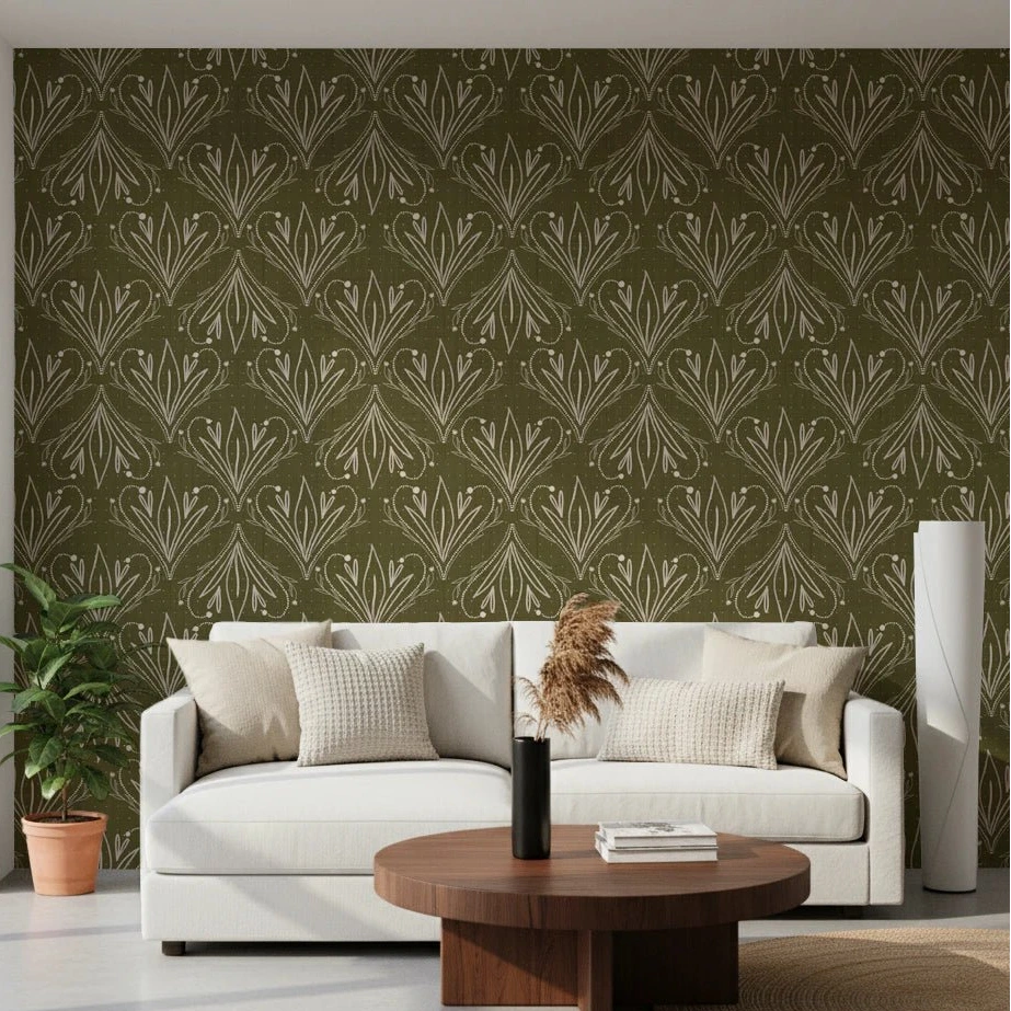 Living room setup featuring olive green folk floral wallpaper with modern sofa layout, GD8317