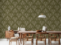 Dining room styled with Boho Art Nouveau Folk Floral Olive Green Wallpaper backdrop, GD8317