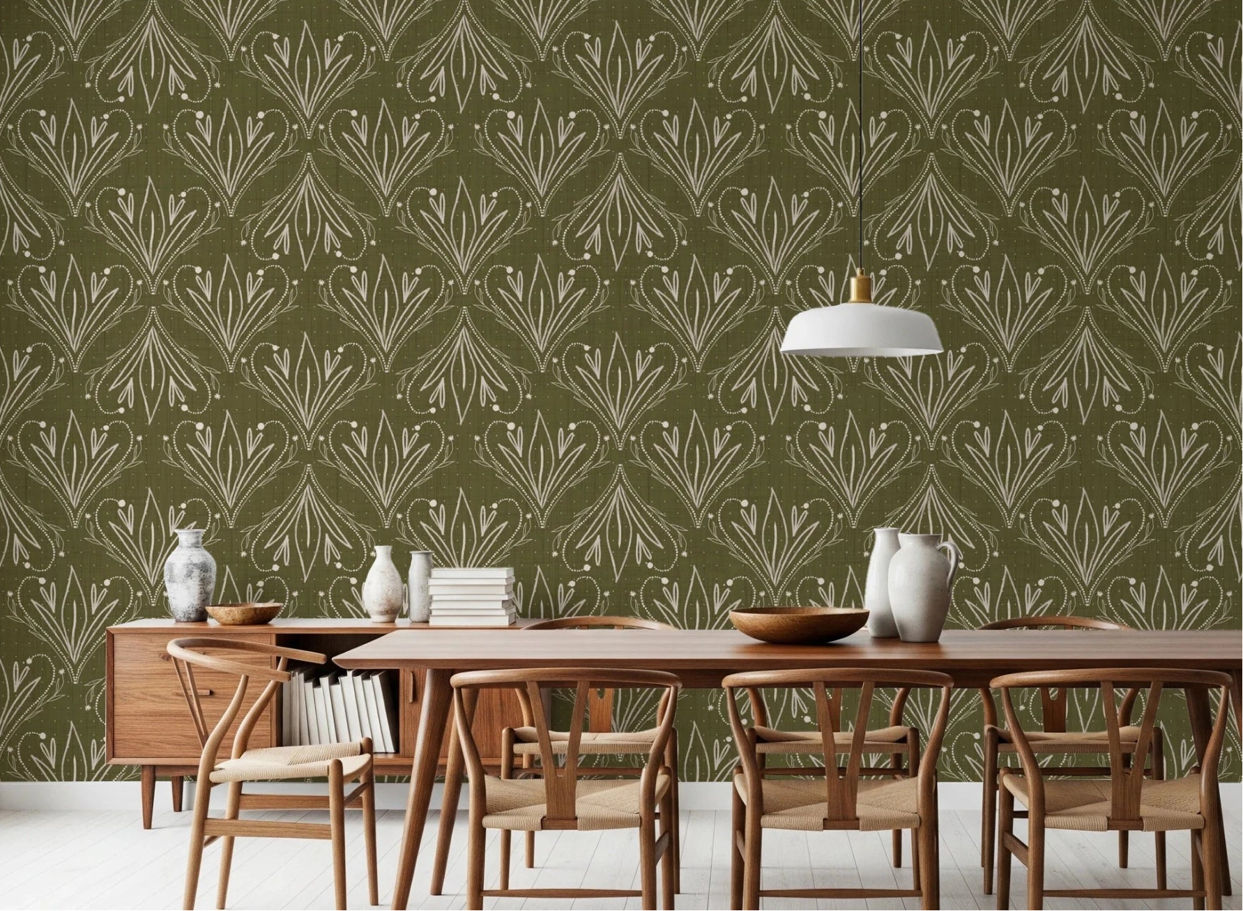 Dining room styled with Boho Art Nouveau Folk Floral Olive Green Wallpaper backdrop, GD8317