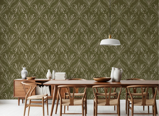 Dining room styled with Boho Art Nouveau Folk Floral Olive Green Wallpaper backdrop