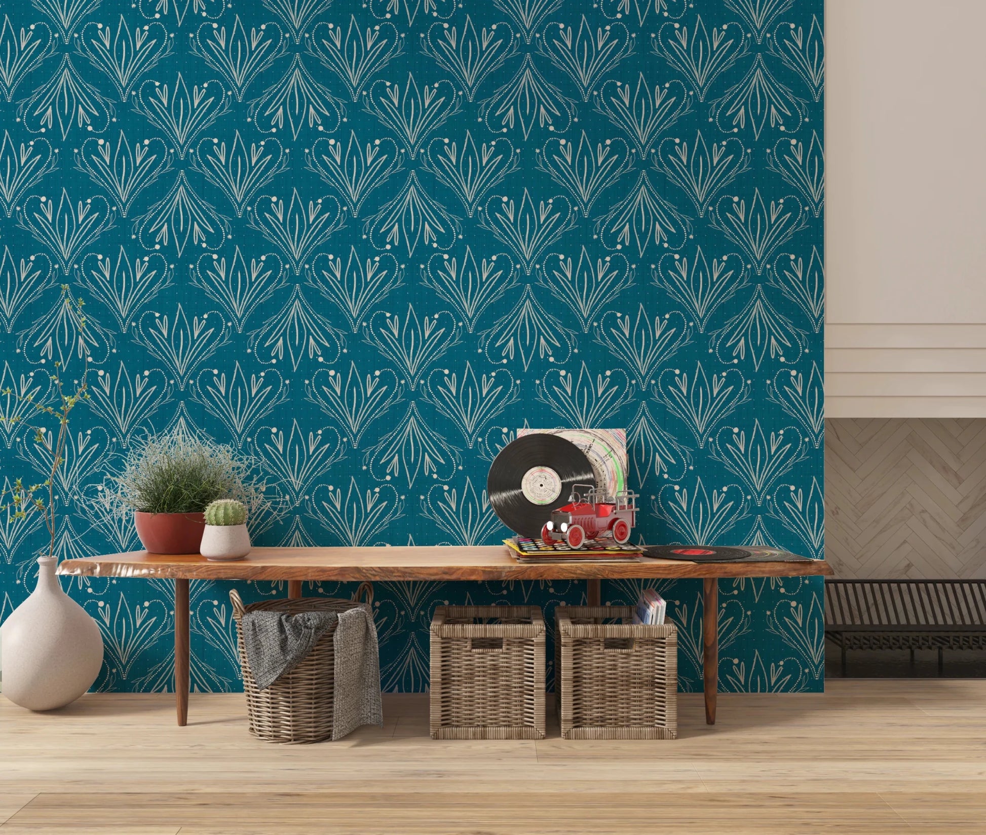 Stylish interior space enhanced by teal blue floral wallpaper and wooden textures, GD8316