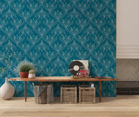 Stylish interior space enhanced by teal blue floral wallpaper and wooden textures, GD8316