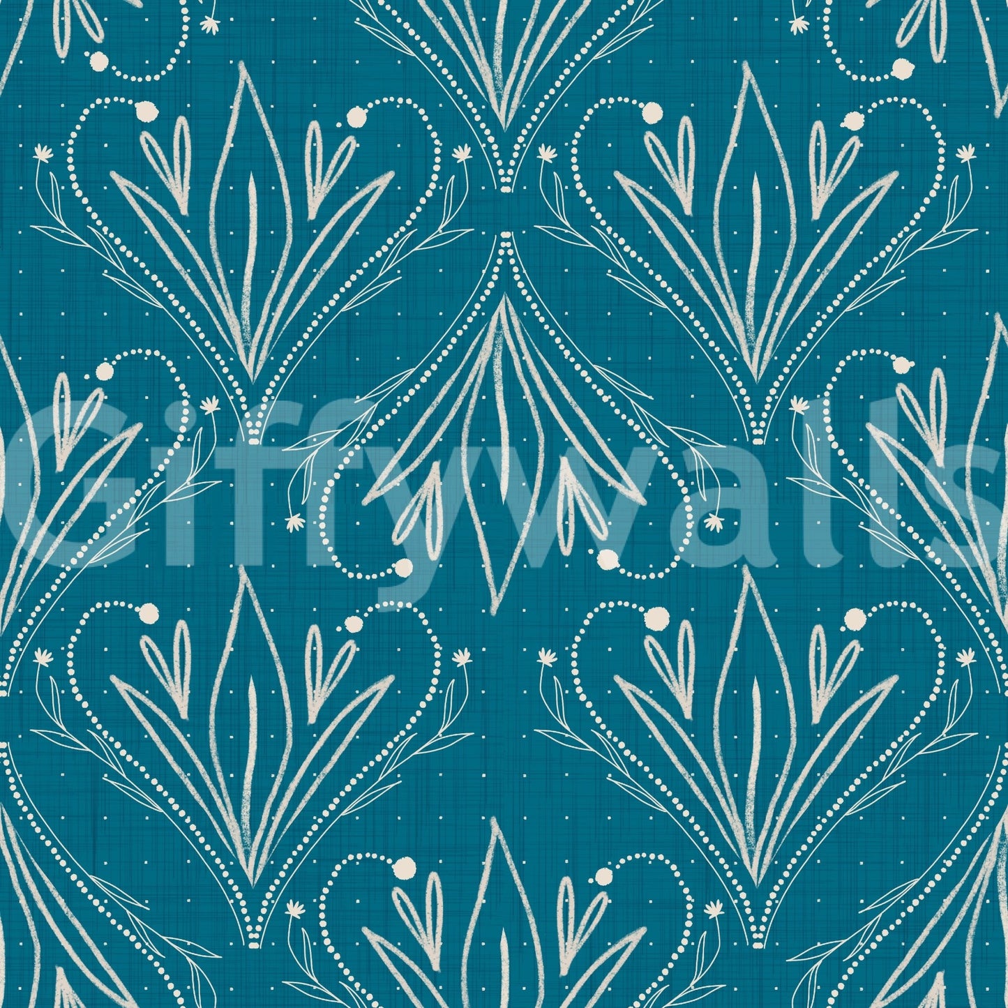 Teal blue Boho Art Nouveau Folk Floral Wallpaper with dotted floral linework detail, GD8316