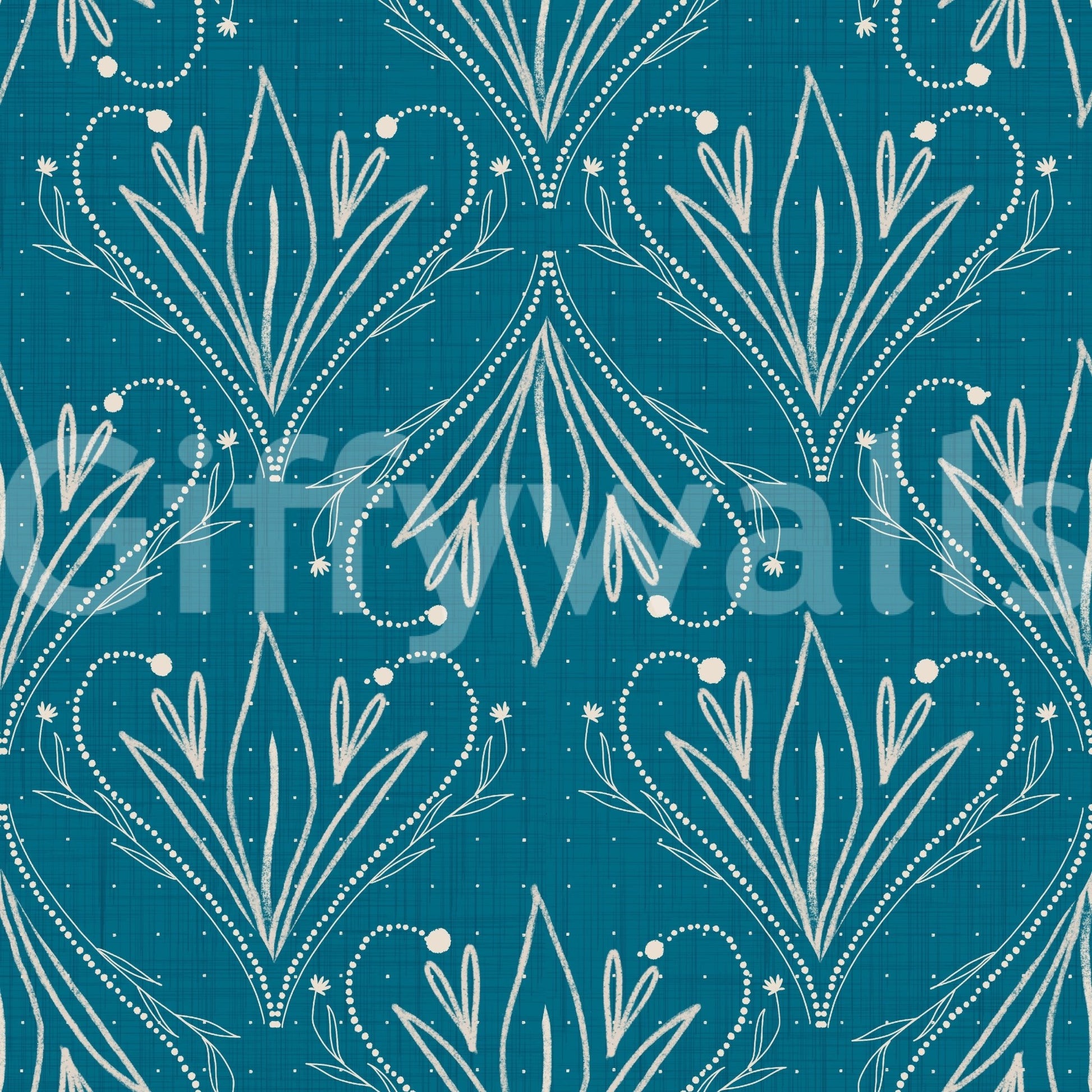 Teal blue Boho Art Nouveau Folk Floral Wallpaper with dotted floral linework detail, GD8316