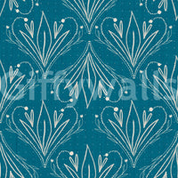 Teal blue Boho Art Nouveau Folk Floral Wallpaper with dotted floral linework detail, GD8316