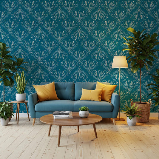 Living room styled with Boho Art Nouveau Folk Floral Teal Blue Wallpaper and sofa