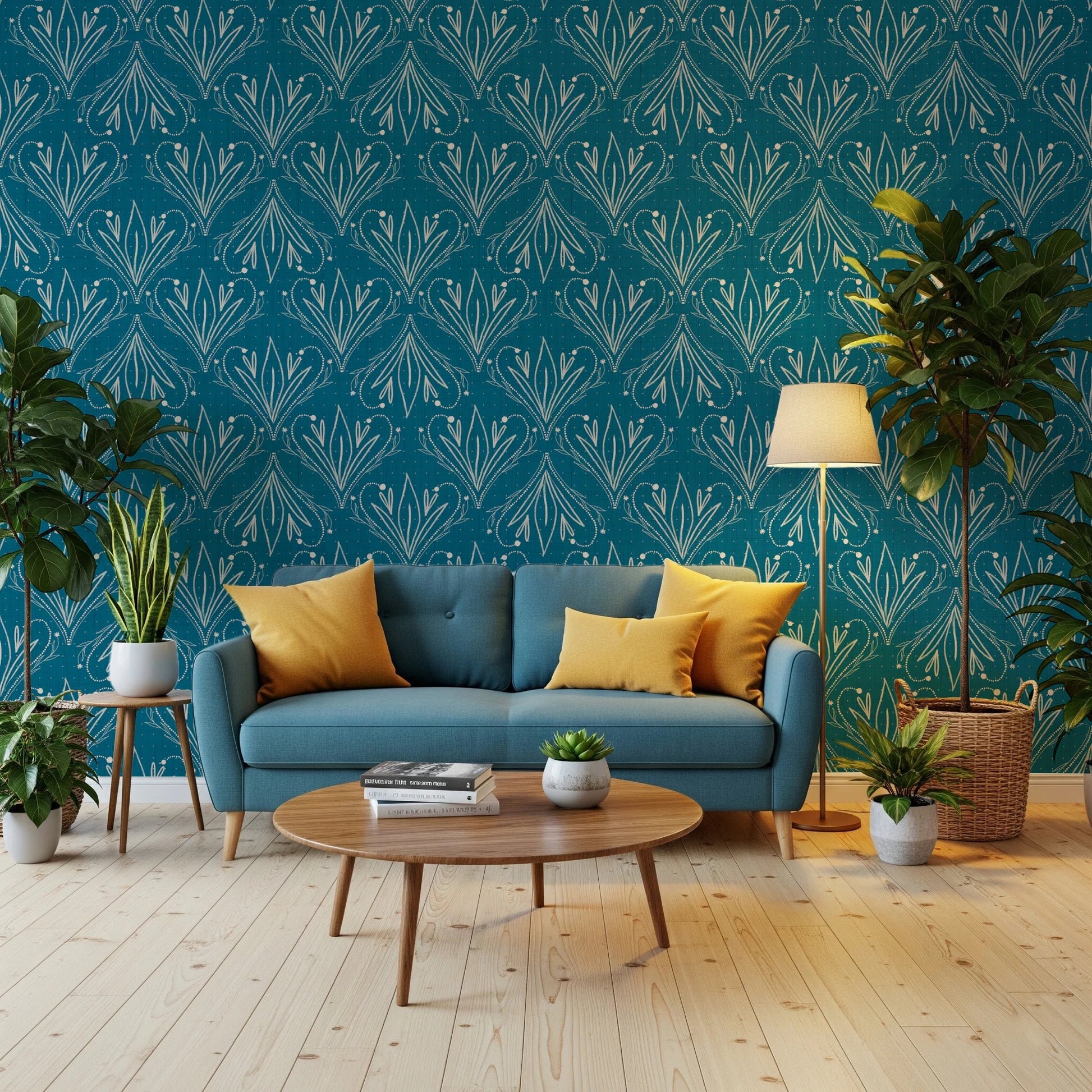 Living room styled with Boho Art Nouveau Folk Floral Teal Blue Wallpaper and sofa, GD8316