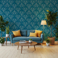 Living room styled with Boho Art Nouveau Folk Floral Teal Blue Wallpaper and sofa, GD8316