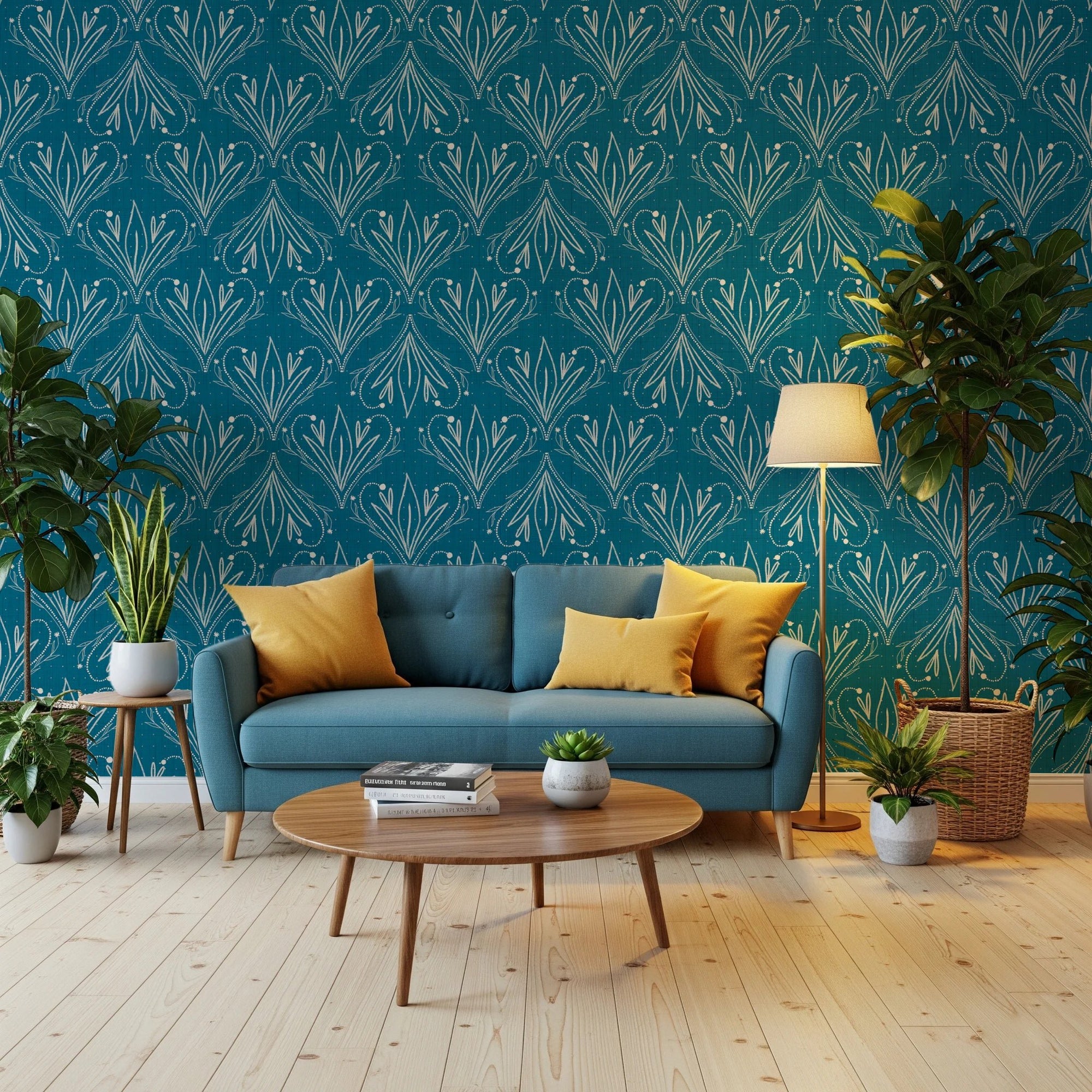 Living room styled with Boho Art Nouveau Folk Floral Teal Blue Wallpaper and sofa, GD8316