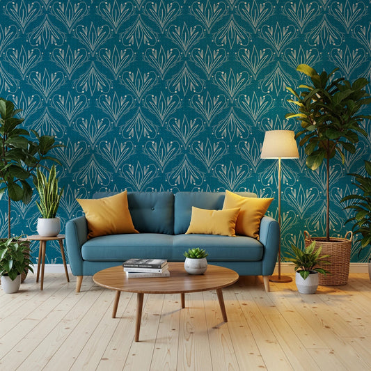 Living room styled with Boho Art Nouveau Folk Floral Teal Blue Wallpaper and sofa