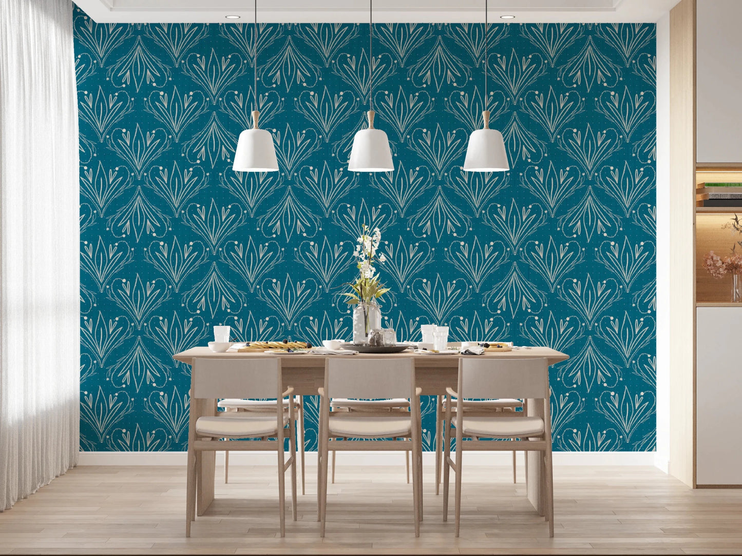 Hand drawn Boho Art Nouveau Folk Floral Teal Blue Wallpaper in repeating motif, GD8316