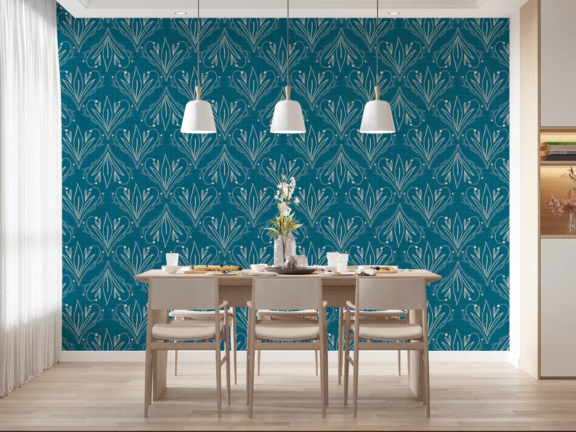 Hand drawn Boho Art Nouveau Folk Floral Teal Blue Wallpaper in repeating motif, GD8316