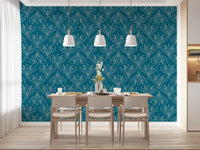 Hand drawn Boho Art Nouveau Folk Floral Teal Blue Wallpaper in repeating motif, GD8316
