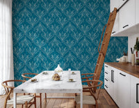 Dining area with teal blue folk floral wallpaper and modern table arrangement, GD8316