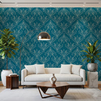 Bright lounge interior featuring teal blue folk floral wallpaper with cozy seating, GD8316