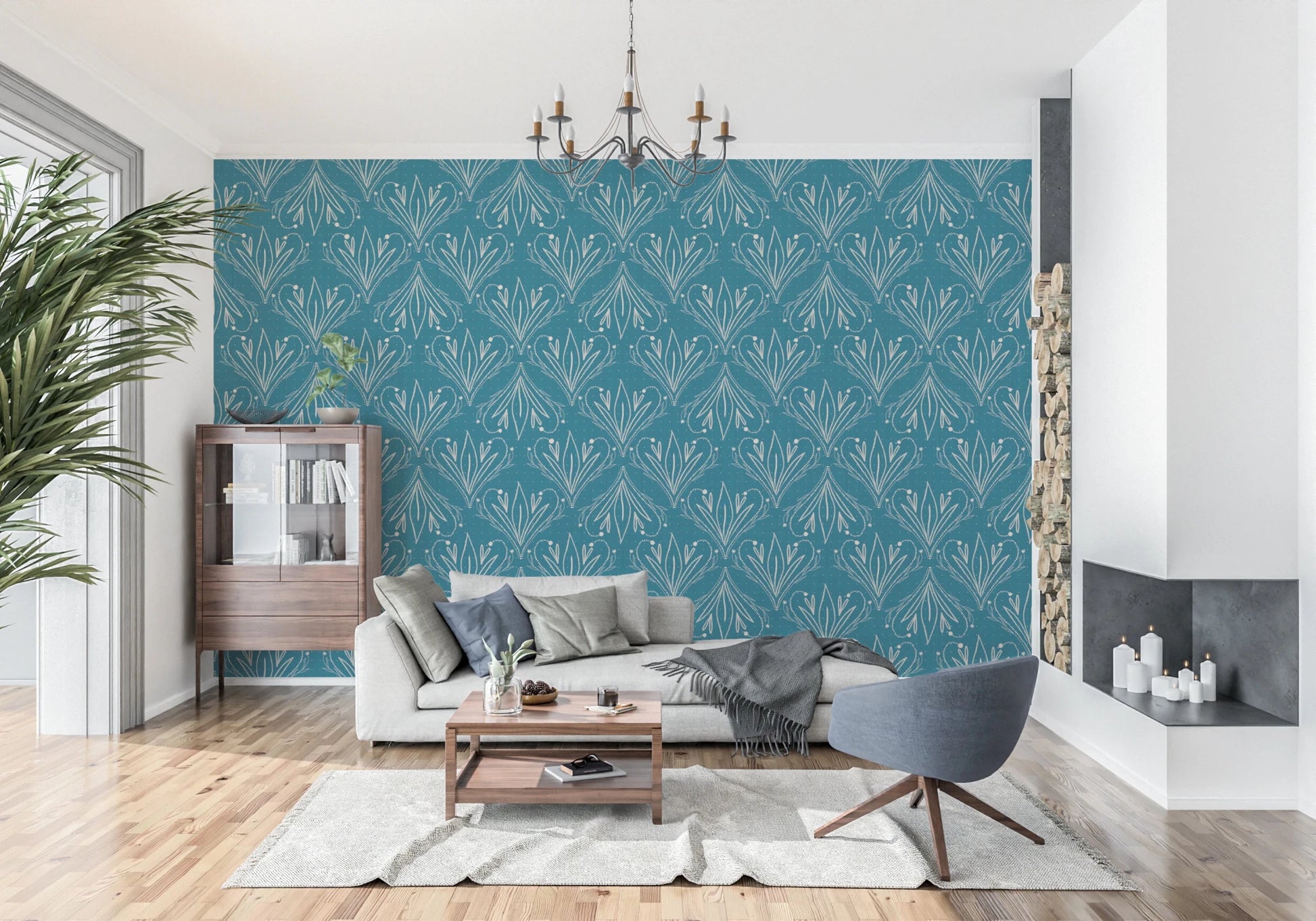 Open living area with teal blue patterned wallpaper and minimalist styling setup, GD8316