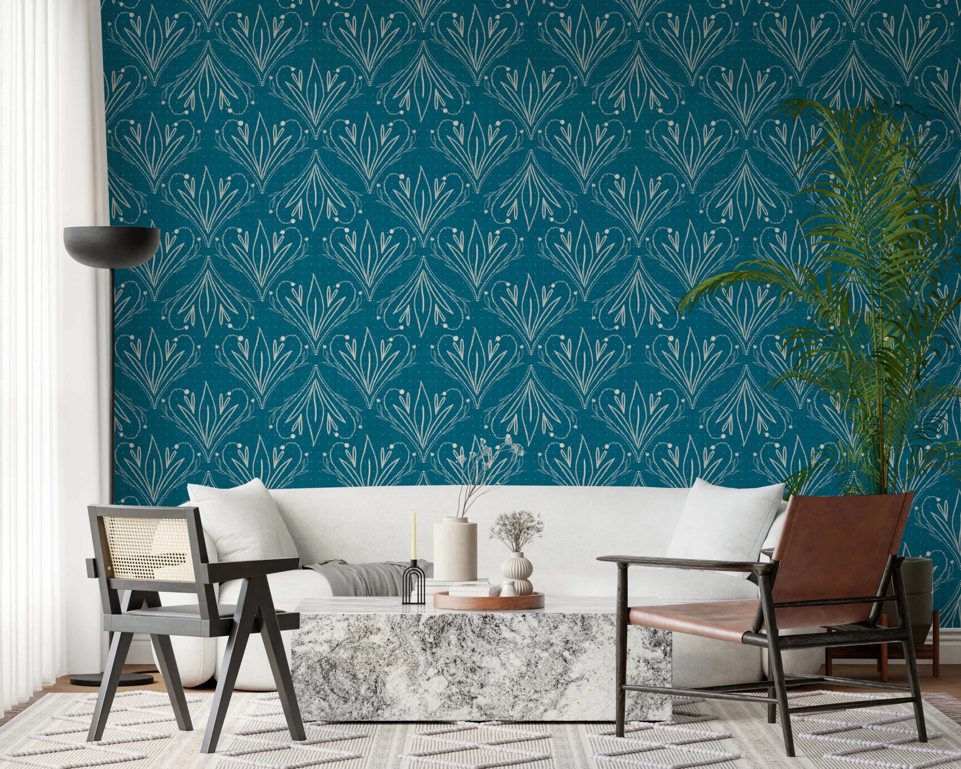 Relaxed seating zone with teal blue botanical wallpaper and neutral furniture mix, GD8316