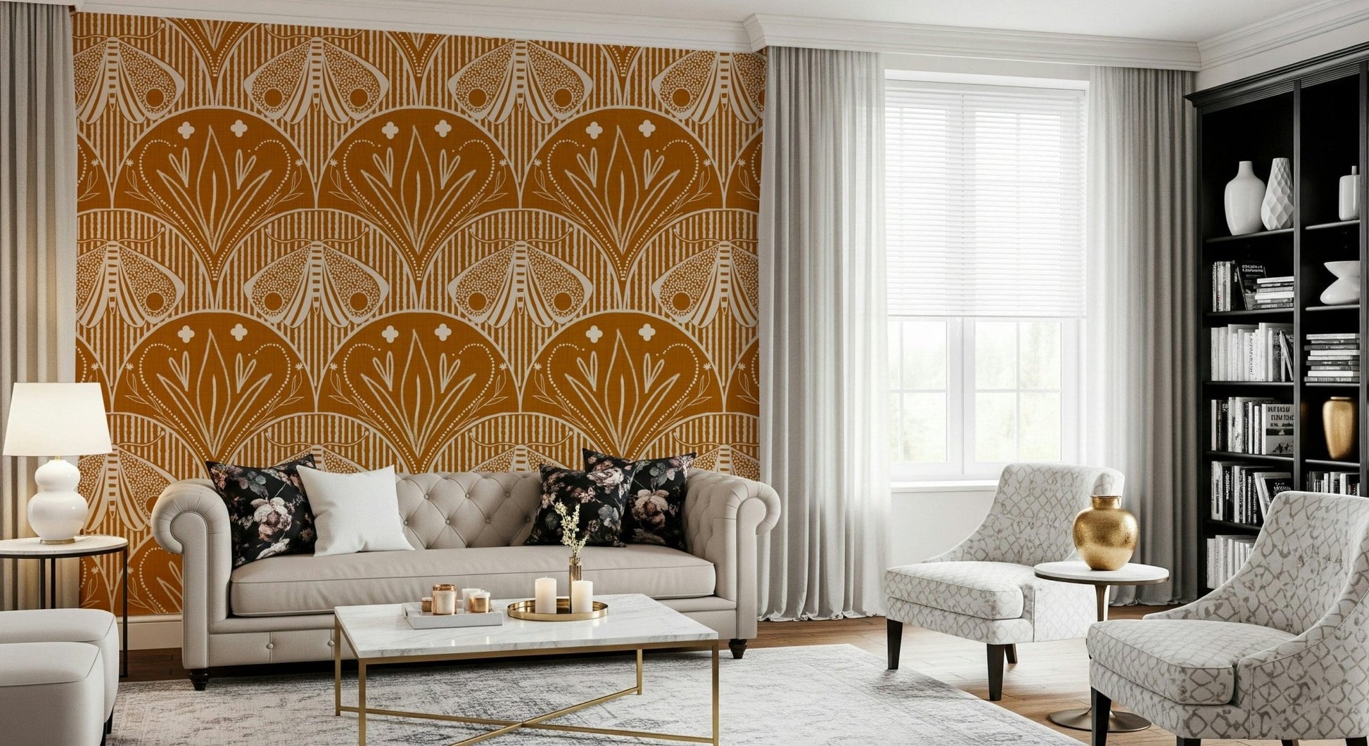 Elegant insect print mural Boho Art Nouveau Scallop Butterfly Floral in Burnt Orange.