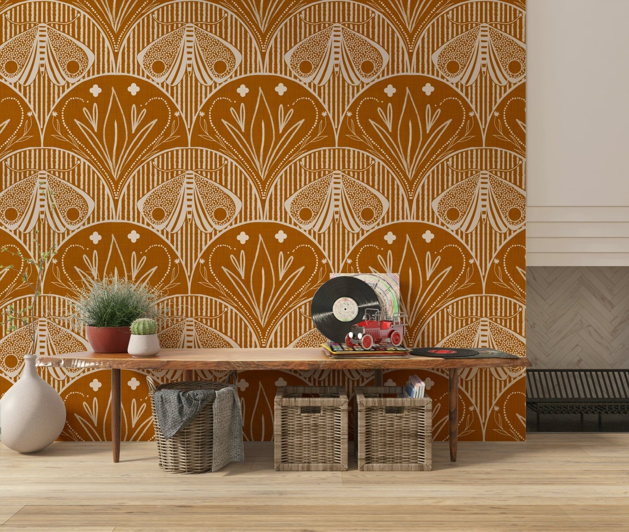 Warm ochre floral wall covering Boho Art Nouveau Scallop Butterfly Floral in Burnt Orange., GD7024