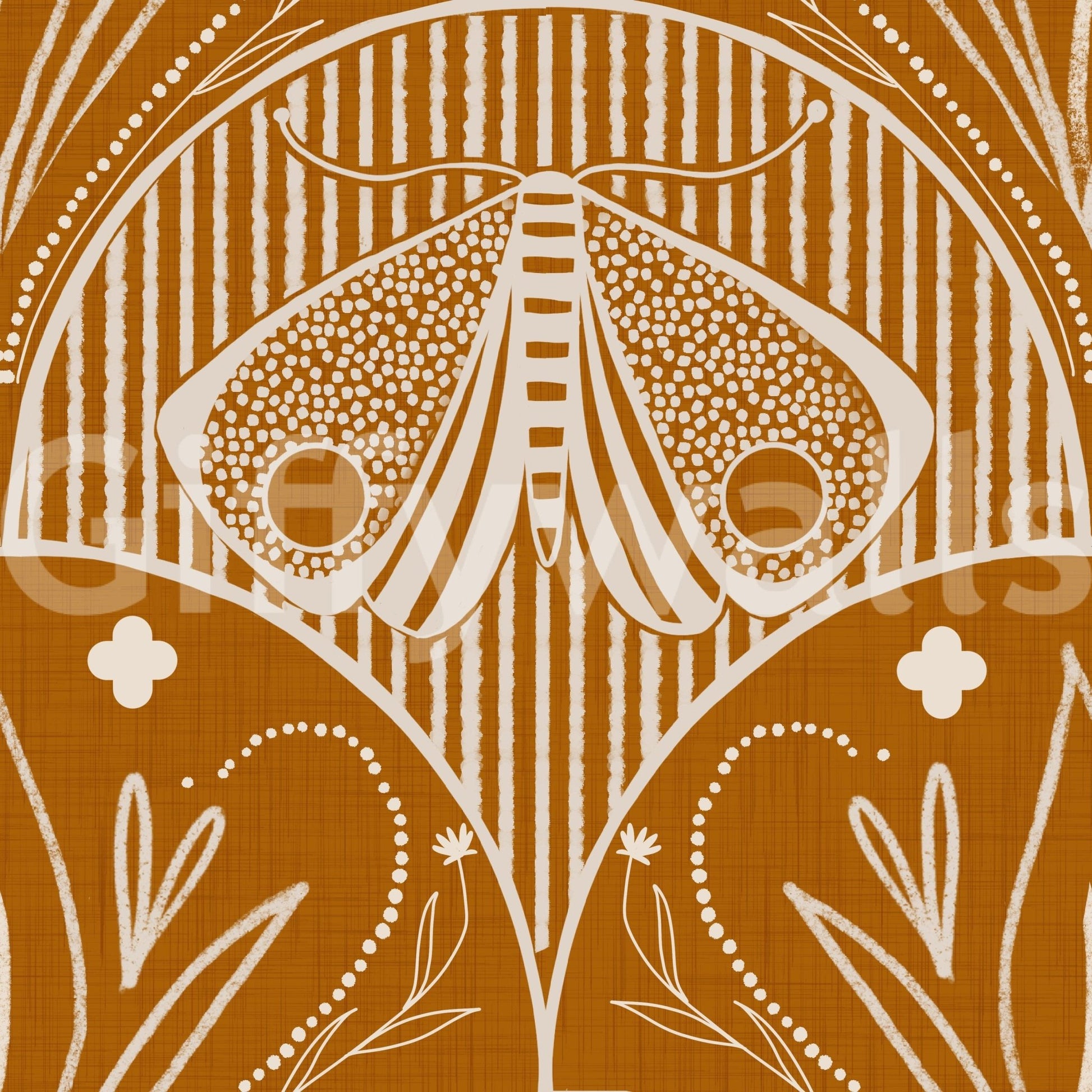 Vintage inspired insect motif Boho Art Nouveau Scallop Butterfly Floral in Burnt Orange.