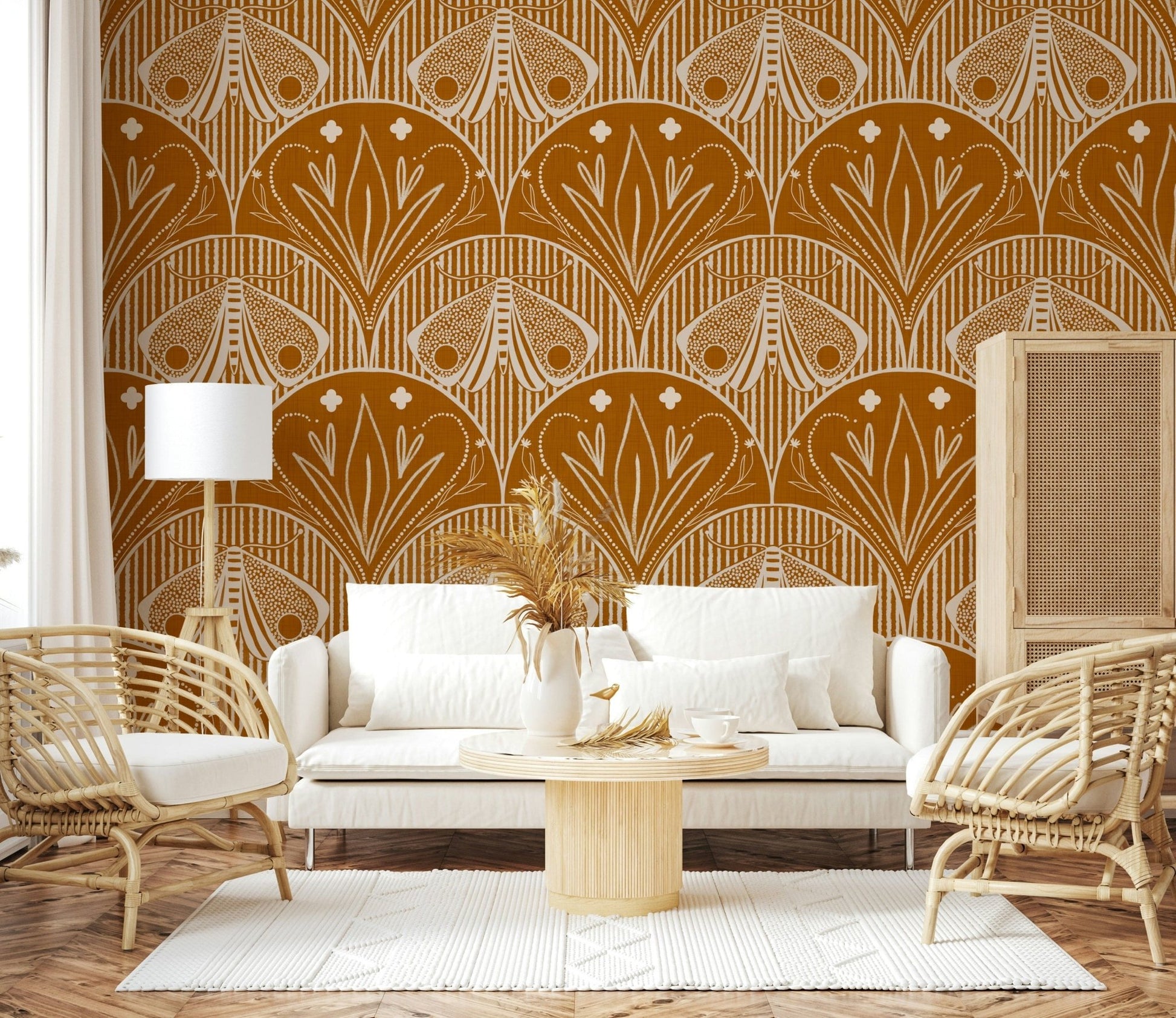 Decorative cream moth illustration Boho Art Nouveau Scallop Butterfly Floral in Burnt Orange.