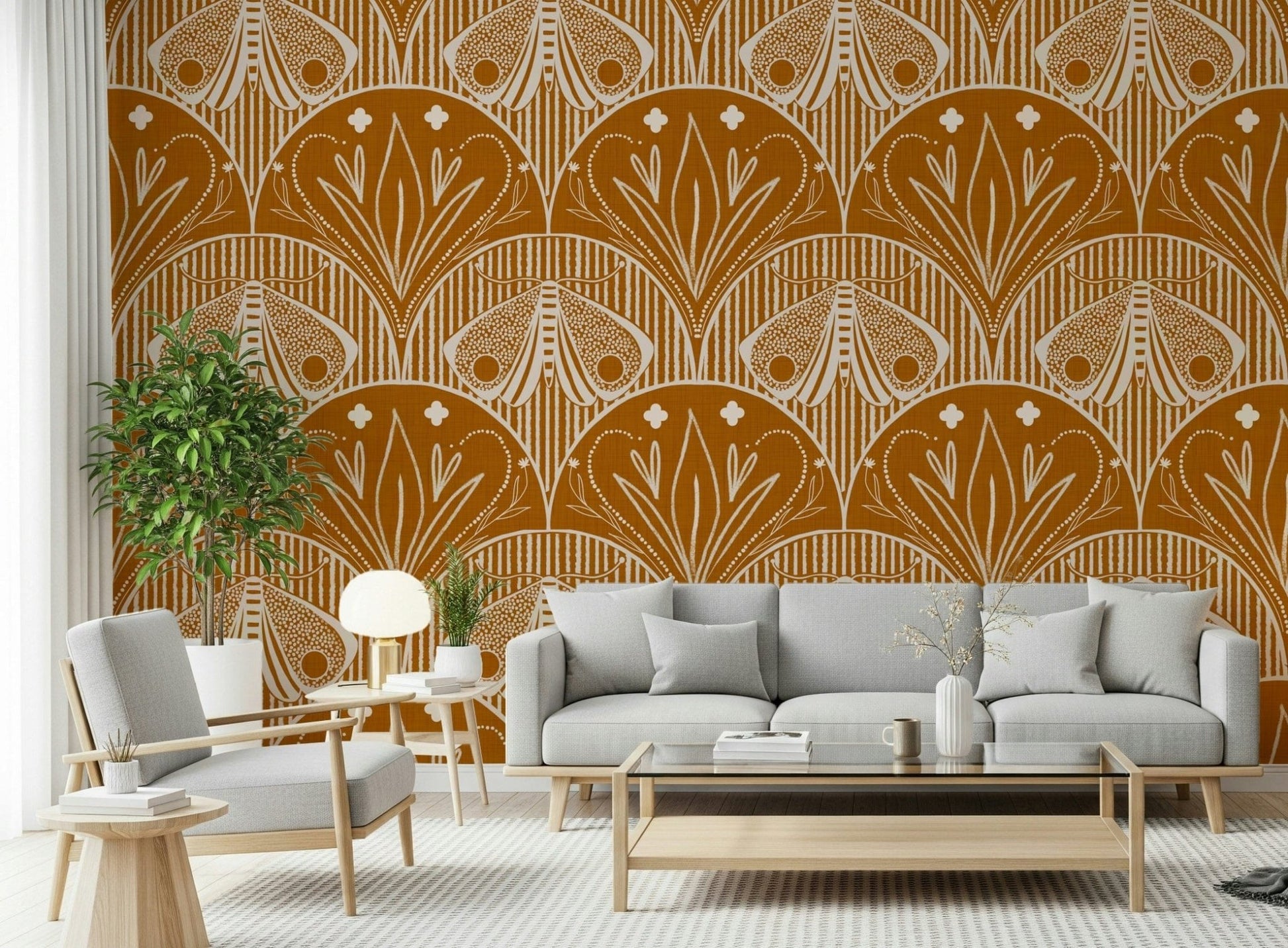 Symmetrical nature inspired design Boho Art Nouveau Scallop Butterfly Floral in Burnt Orange.