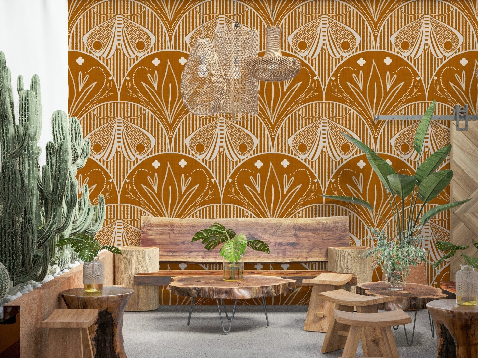 Modern bohemian aesthetic paper Boho Art Nouveau Scallop Butterfly Floral in Burnt Orange.