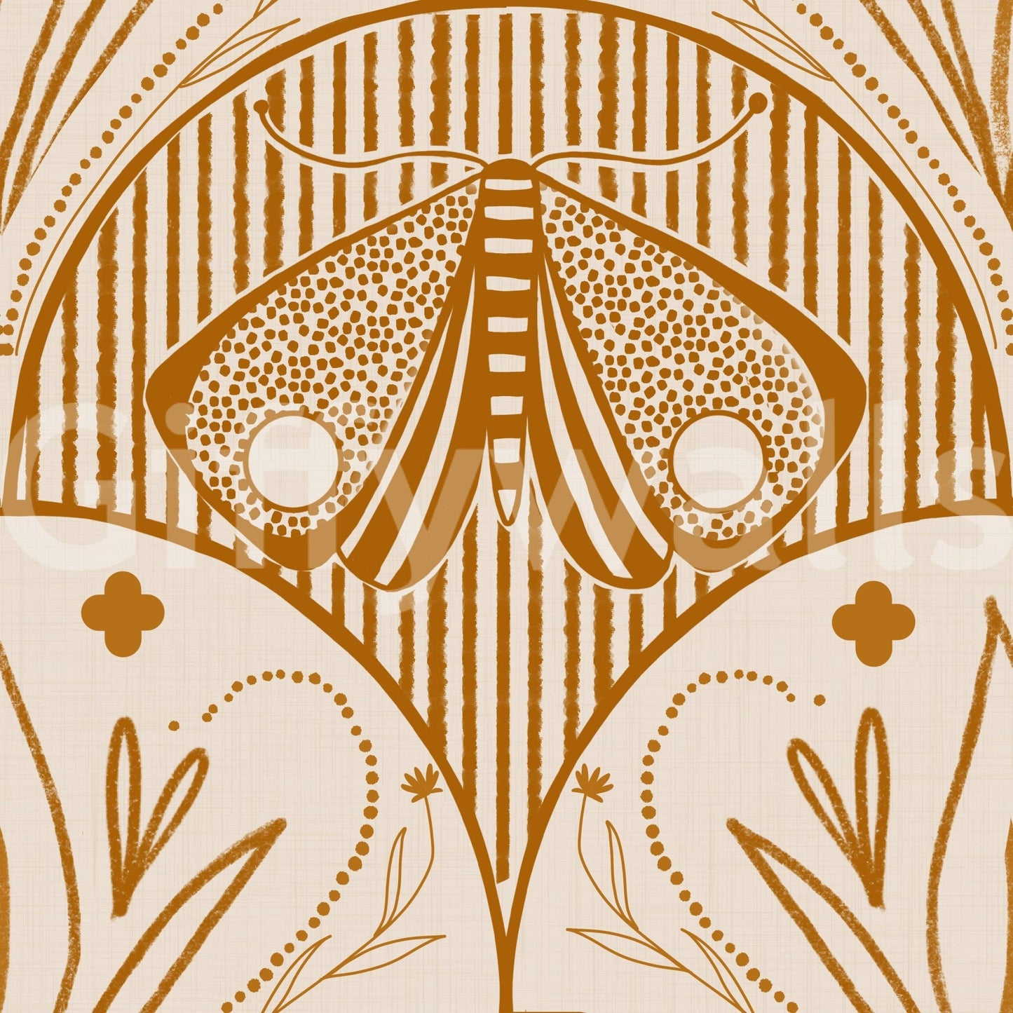 Boho Art Nouveau wall accent Cream and Orange.