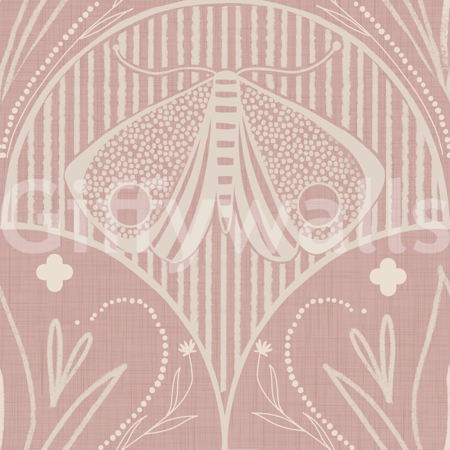 Boho Art Nouveau Scallop or Butterfly Floral subtle pink texture, cream moth design.
