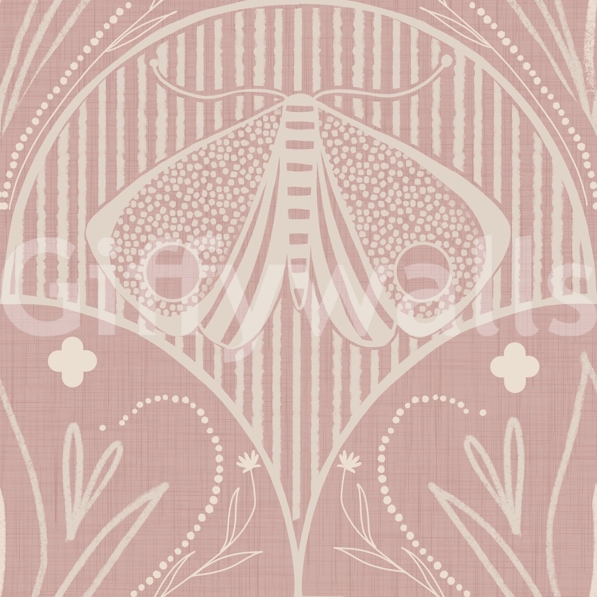 Boho Art Nouveau Scallop or Butterfly Floral subtle pink texture, cream moth design.