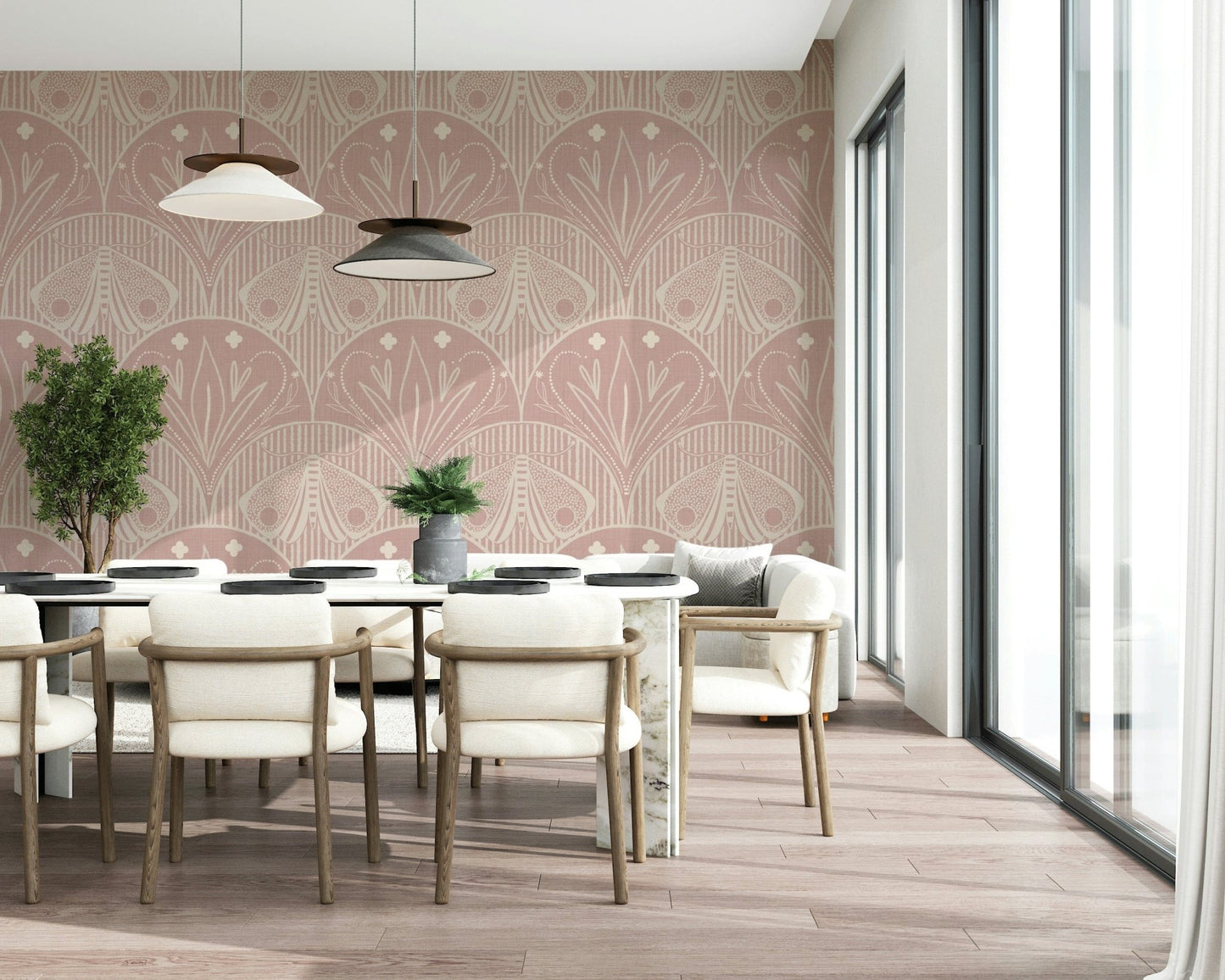 Dust Pink Cream Art Nouveau wall mural, stylized butterfly motif, elegant lines.