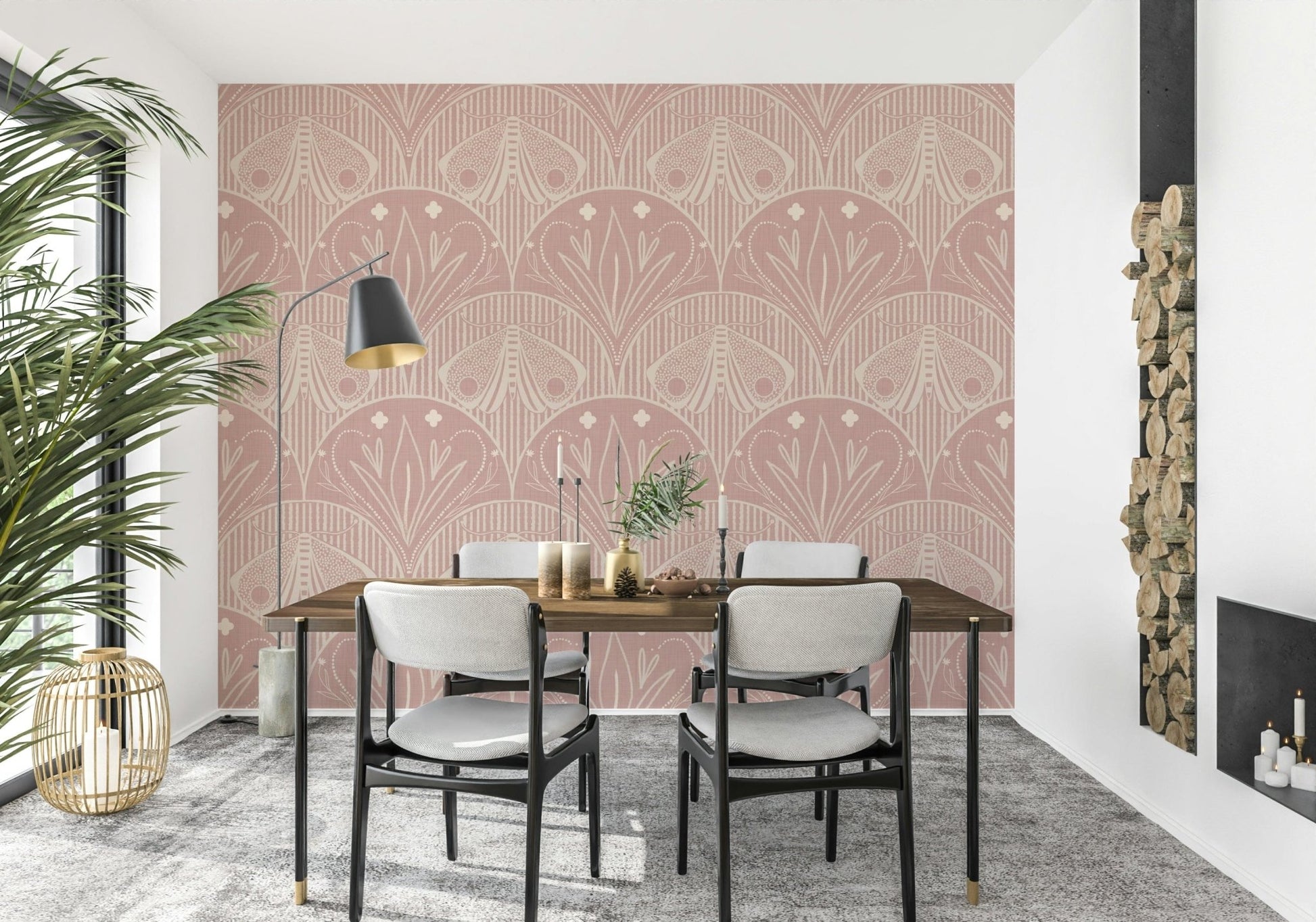 Boho Art Nouveau wallpaper, subtle cream dust pink botanical insect print.