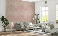 Boho Scallop or Butterfly Floral wallpaper, moth wings details, cream pink texture.