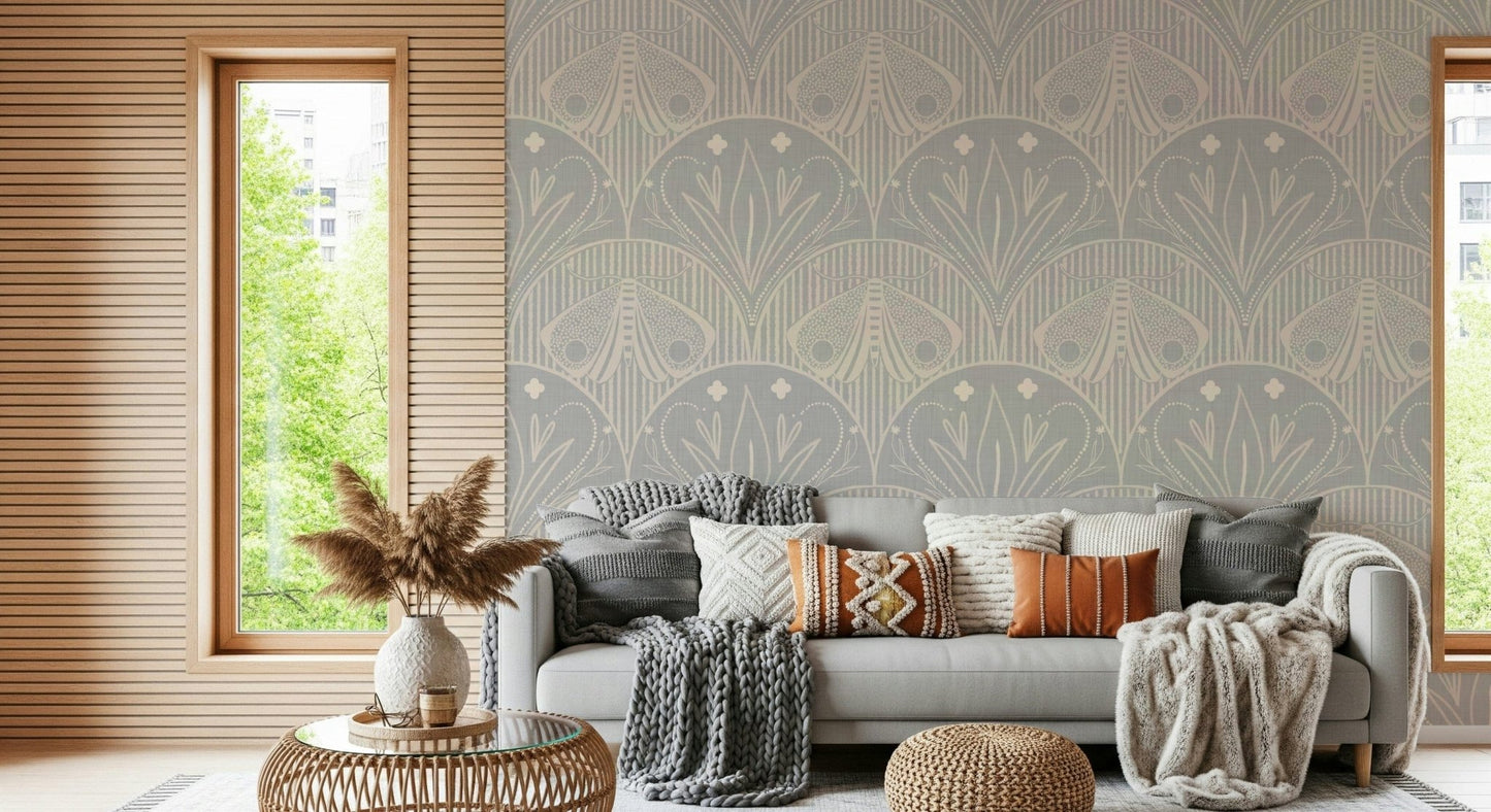 Geometric curved Boho Art Nouveau Scallop Butterfly Floral inor Light Grey moth wallpaper design.