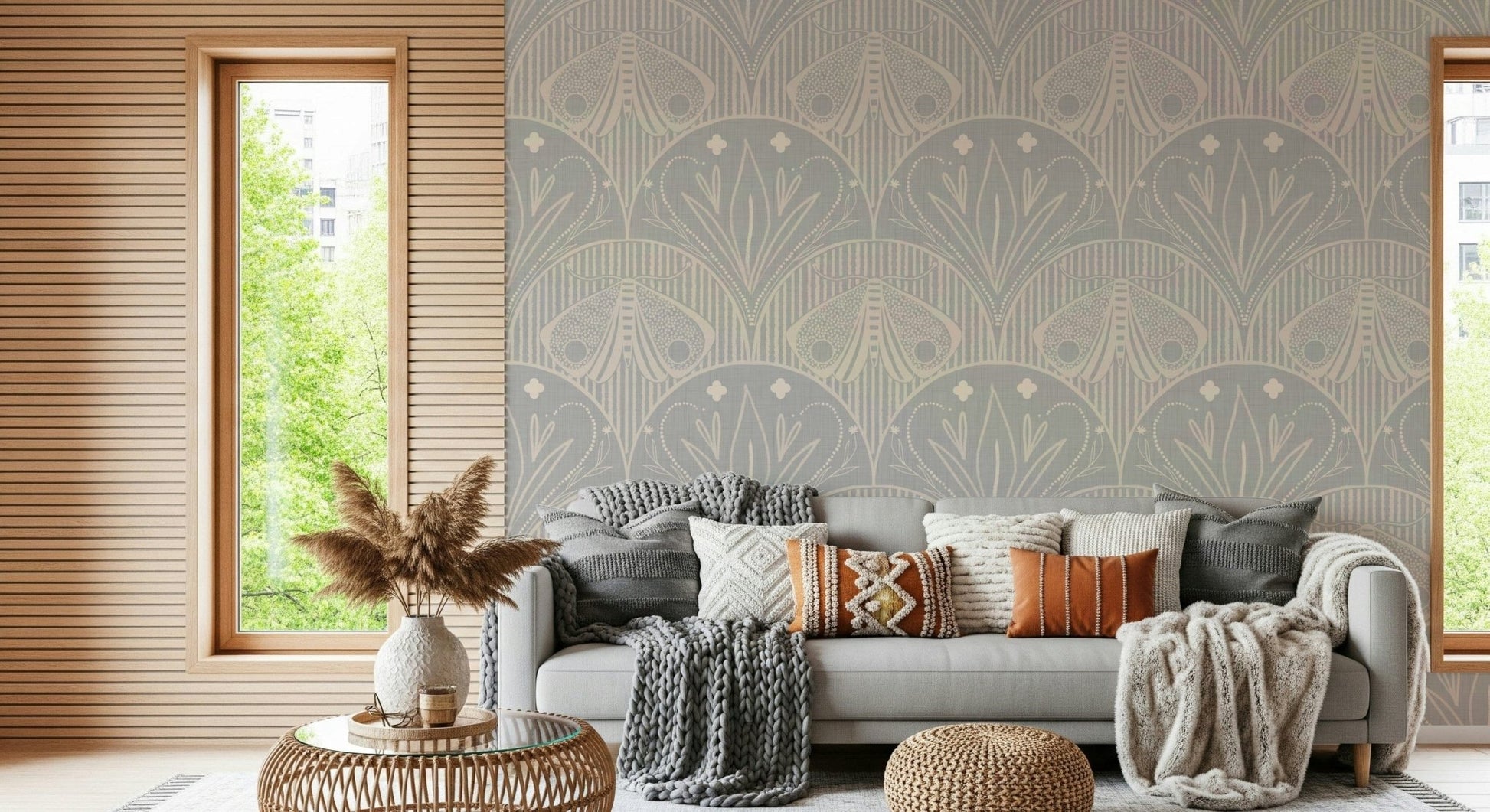 Geometric curved Boho Art Nouveau Scallop Butterfly Floral inor Light Grey moth wallpaper design.