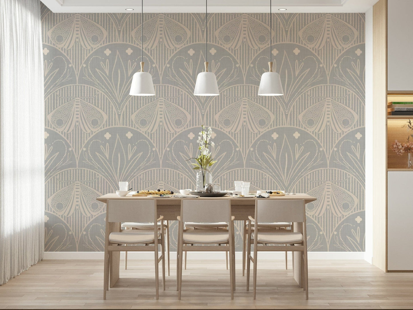 Calming Boho Art Nouveau Scallop Butterfly Floral inor Light Grey sophisticated wall covering.